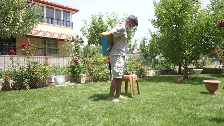 farmer spraying herbicide on flowers in her garden with protective mask farmer spraying herbicide on flowers in her garden with protective mask